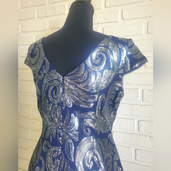 Adrianna Papell Sequin Chiffon Cocktail Dress Cap Sleeve Blue Silver Size 8 - Picture 12 of 16